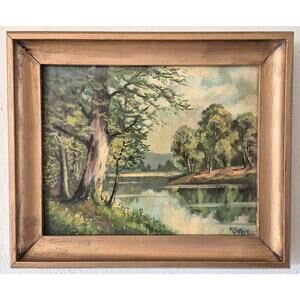 Vintage Oil on Board Painting Signed M Gebert Moody Landscape Blue Green Framed